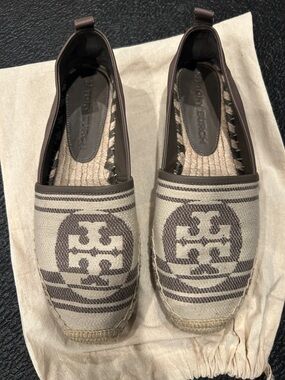 Tory Burch Beige Canvas Logo Espadrille Flats with Brown Trim